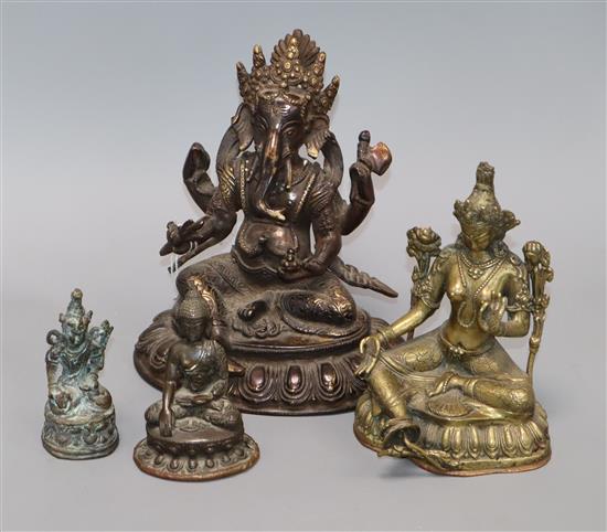 A bronze Ganesh, a Buddha and two others (4) tallest 19.5cm